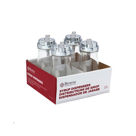 Browne Foodservice Syrup Dispenser Flat Top 14oz/414ml Glass With Stainless Steel Top Set of 4 (575229)