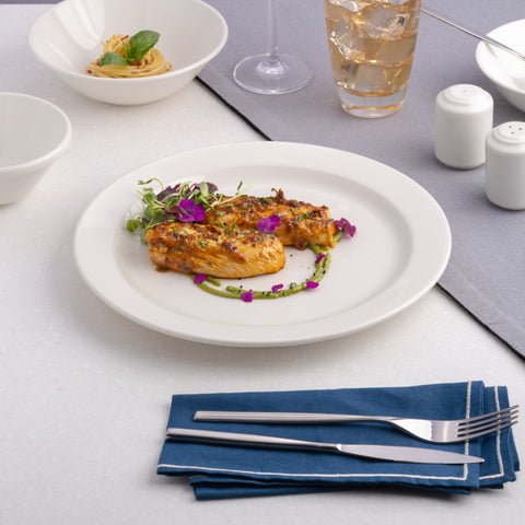 Ariane Prime 9 4/9" Prime-Warm White Porcelain Flat Plate Banquate Small Rim - 12/Case (APRARN000018024)