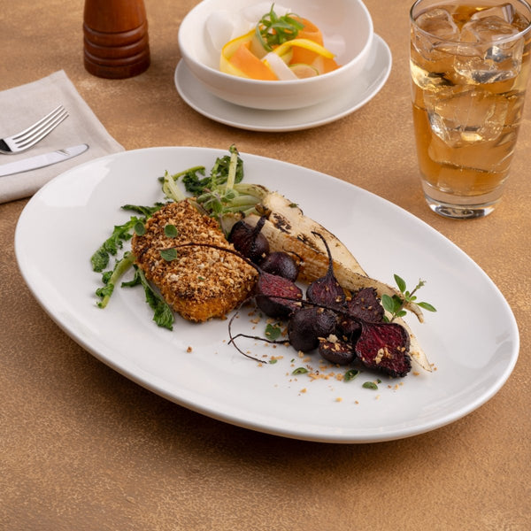 Ariane 14 1/6" Vital Coupe - Warm White Porcelain Coupe Oval Plate - 6/Case (AVCARN000015036) - iFoodservice Online