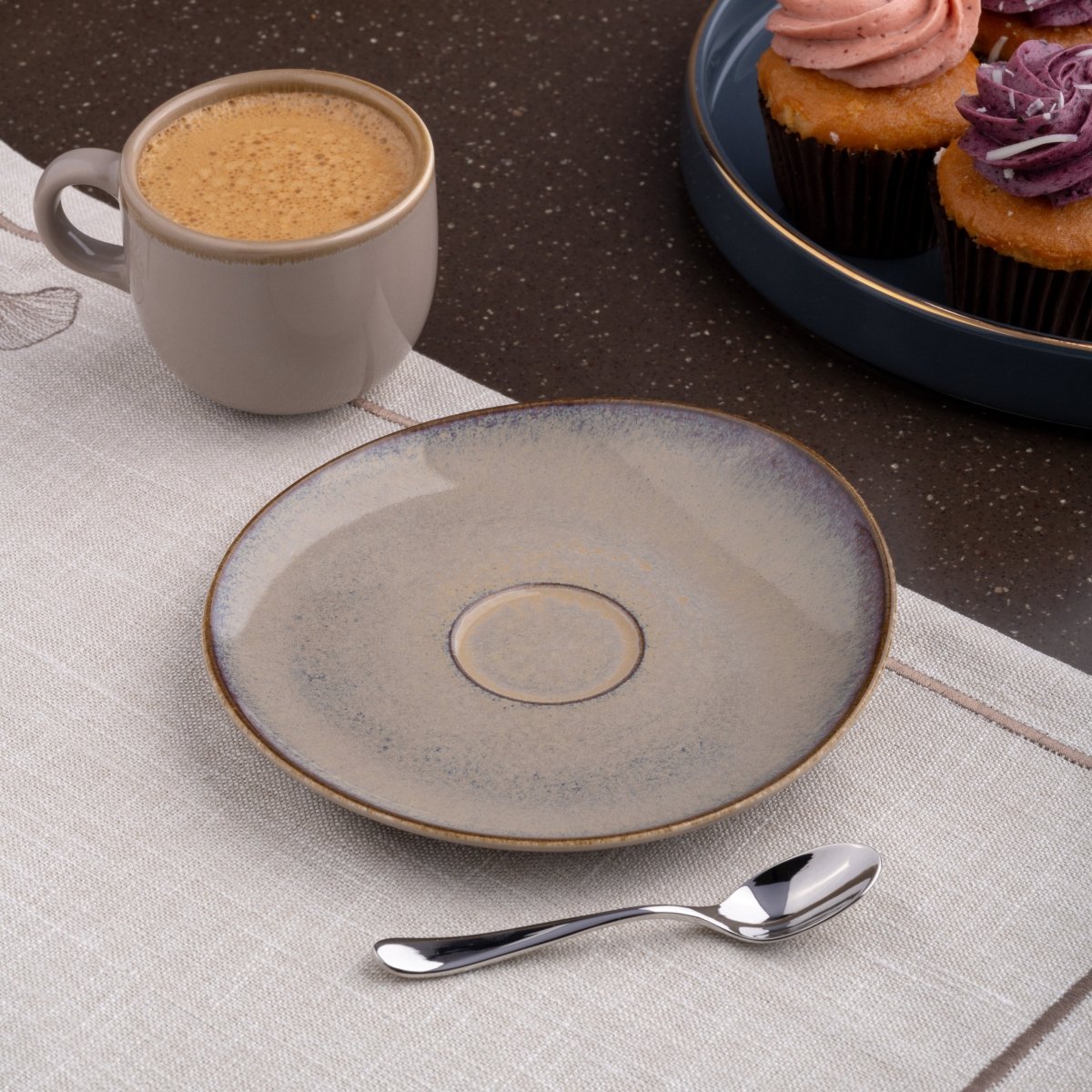 Ariane 6 2/7" Splash Beige Porcelain Coupe Elevated Tea/Coffee Saucer - 12/Case (AVCARN257014016) - iFoodservice Online