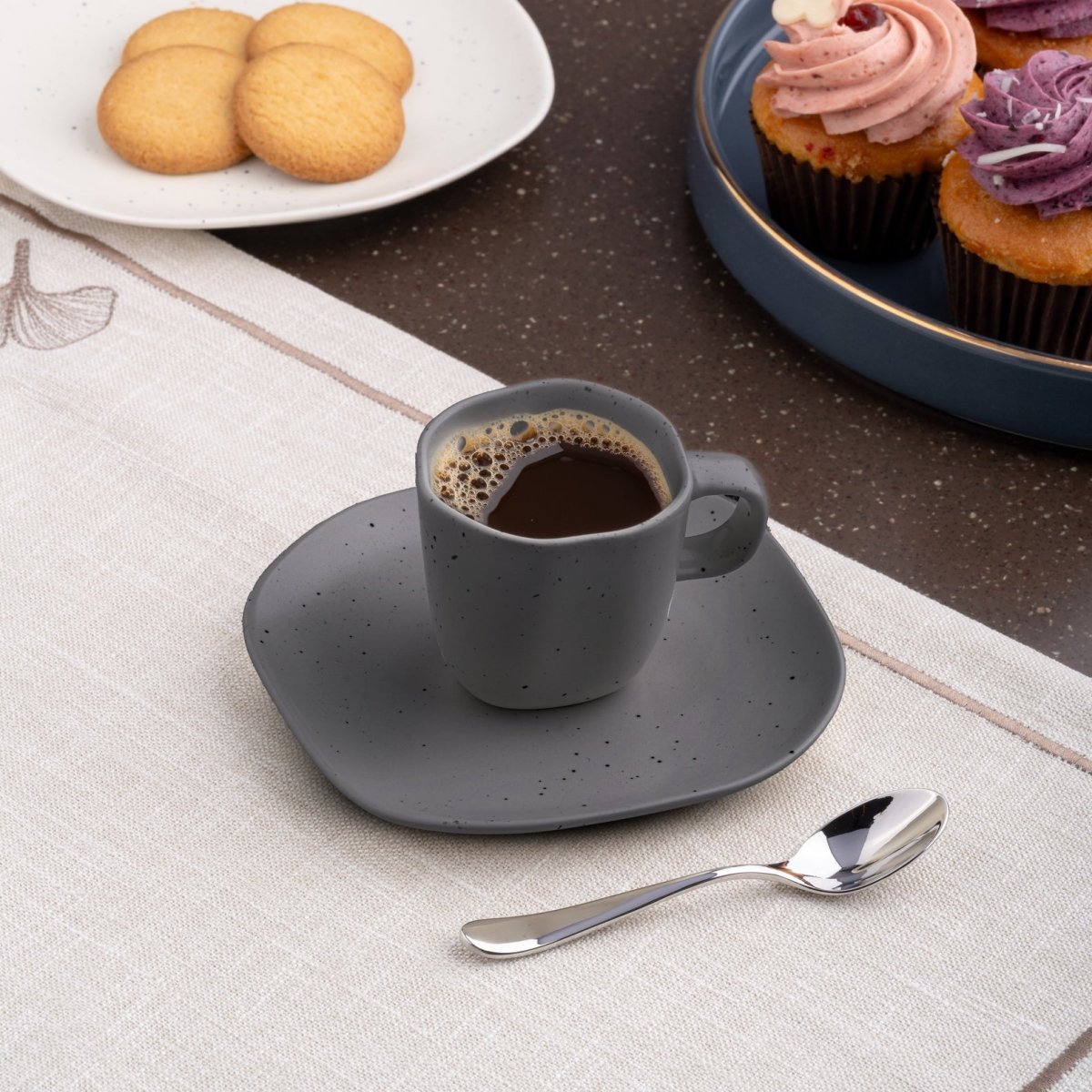 Ariane Earth 5 1/8" Earth - Charcoal Grey Dots Porcelain Saucer - 12/Case (AERARN510014013) - iFoodservice Online