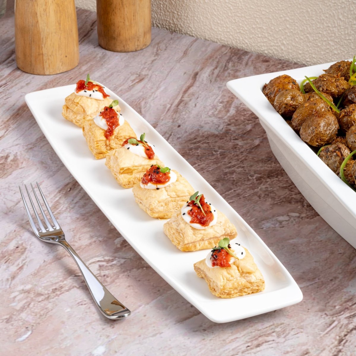 Ariane Gn 17 1/2'' x 4'' Buffet - Warm White Porcelain Pan Long Platter - 6/Case (AGNARN000011045) - iFoodservice Online