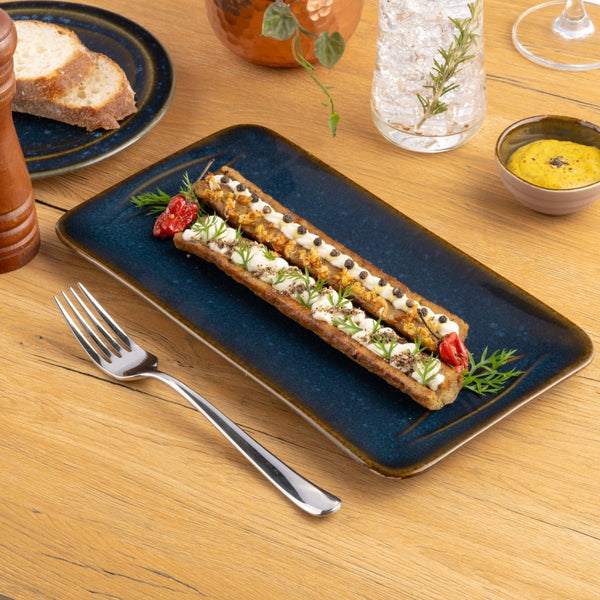 Ariane Laps 11'' x 6'' Splash Denim Porcelain Rectangle Platter - 6/Case (ALPARND53011004) - iFoodservice Online