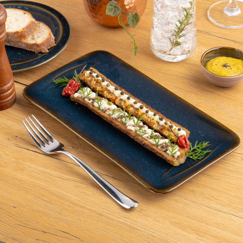 Ariane Laps 11'' x 6'' Splash Denim Porcelain Rectangle Platter - 6/Case (ALPARND53011004) - iFoodservice Online