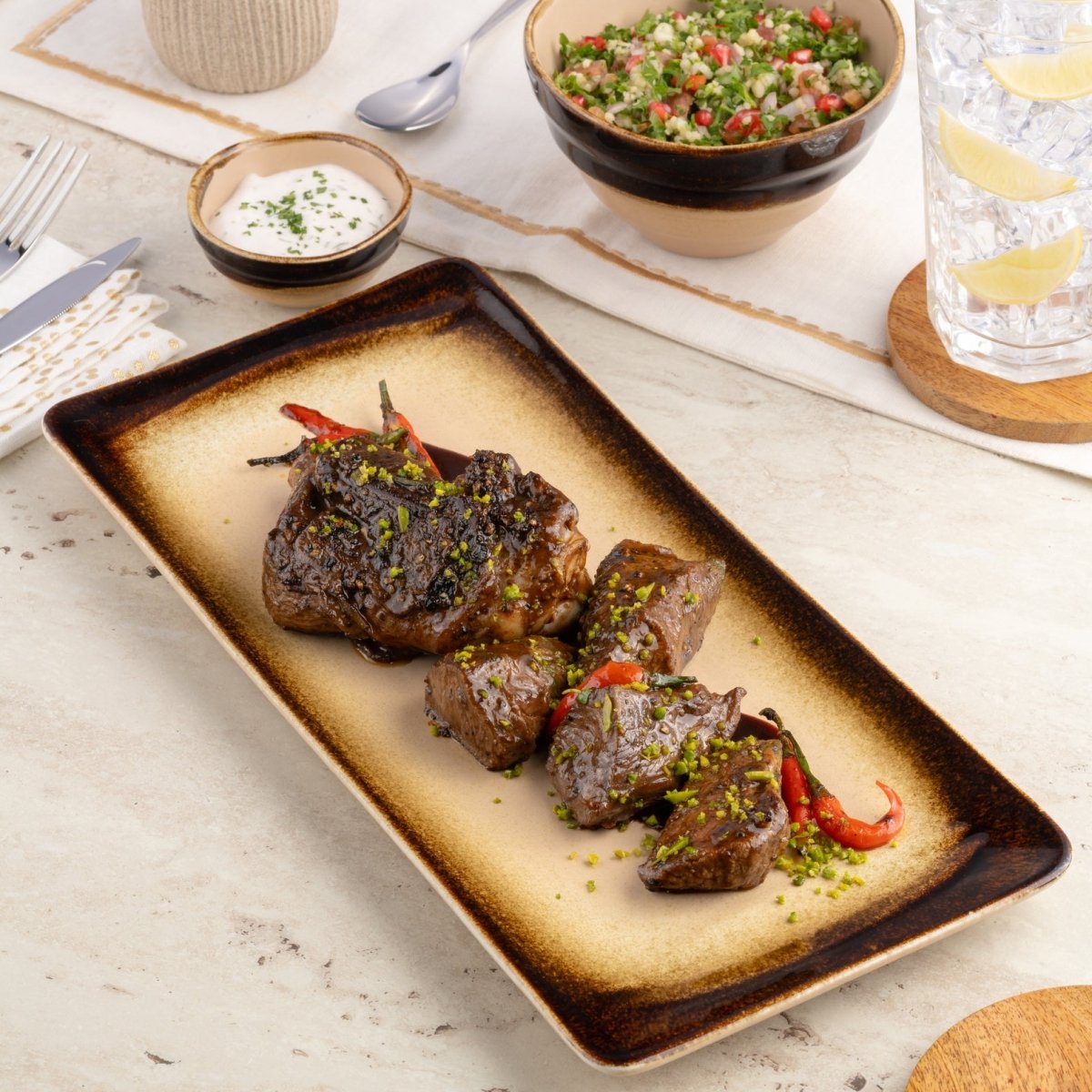 Ariane Laps 8 1/4" x 5 1/8" Sahara Porcelain Rectangle Platter - 6/Case (ALPARND63011005) - iFoodservice Online