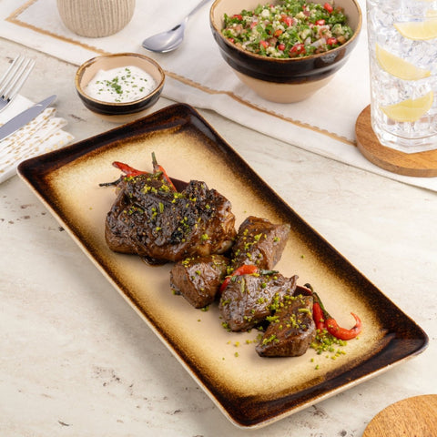 Ariane Laps 8 1/4" x 5 1/8" Sahara Porcelain Rectangle Platter - 6/Case (ALPARND63011005) - iFoodservice Online