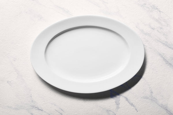 Ariane Prime 14 1/6'' x 10'' Prime - Warm White Porcelain Oval Platter - 6/Case (APRARN000015036) - iFoodservice Online
