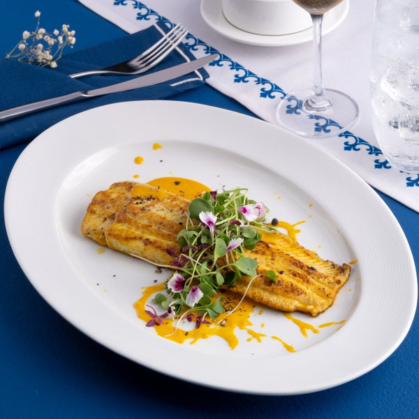 Ariane Prime 14 1/6'' x 8 2/3'' Orba White Porcelain Oval Platter - 6/Case (APRARN121015036) - iFoodservice Online