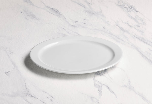 Ariane Prime 7 1/2" Prime - Warm White Porcelain Flat Plate Banquate Small Rim - 12/Case (APRARN000018019) - iFoodservice Online
