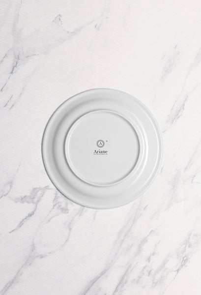 Ariane Prime 9 4/9" Prime - Warm White Porcelain Flat Plate Banquate Small Rim - 12/Case (APRARN000018024) - iFoodservice Online