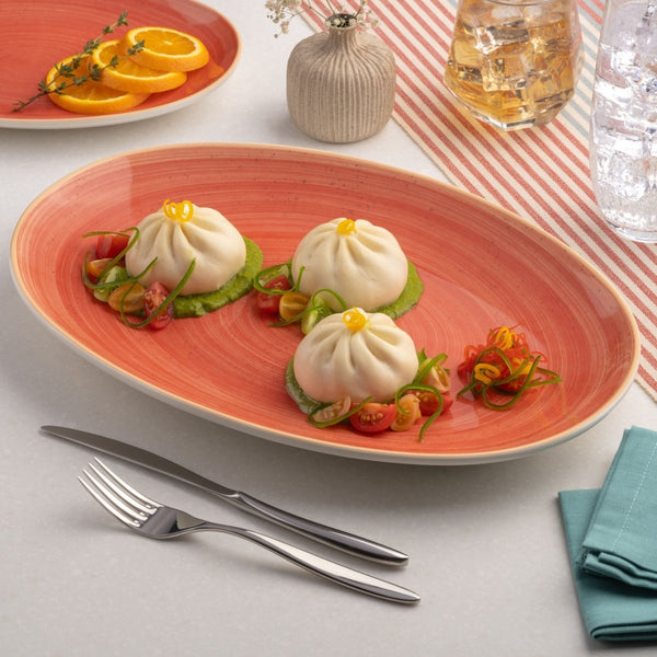 Ariane Vital Coupe 14 1/6" Twister Red Porcelain Coupe Oval Plate - 6/Case (AVCARN204015036) - iFoodservice Online