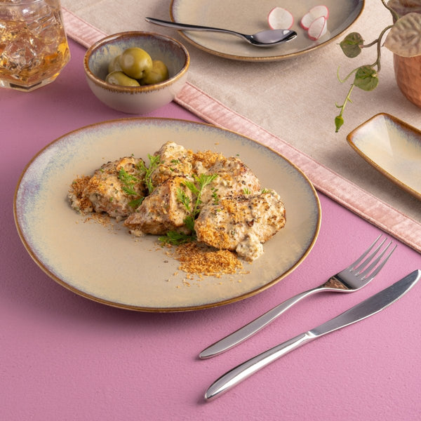 Ariane Vital Coupe 9 4/9" Splash Beige Porcelain Elevated Plate - 12/Case (AVCARN257111024) - iFoodservice Online