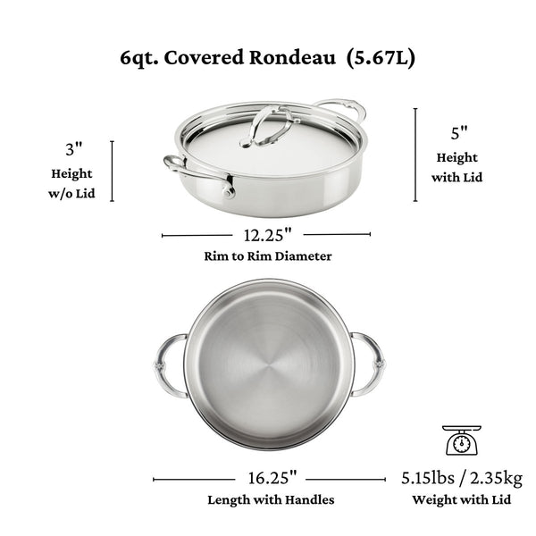 Hestan ProBond® Luxe 6-Quart Polished Professional Clad Stainless Steel Rondeau with Lid (31796) - iFoodservice Online