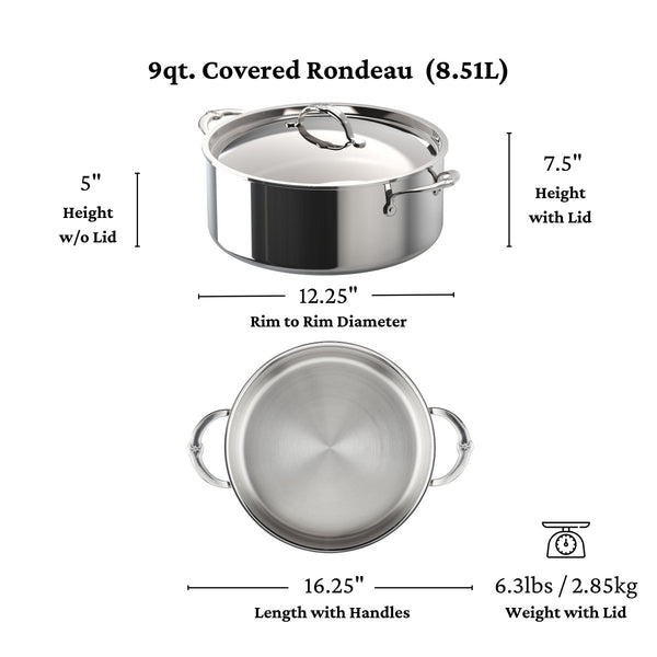 Hestan ProBond® Luxe 9-Quart Polished Professional Clad Stainless Steel Rondeau with Lid (31797) - iFoodservice Online