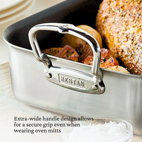 Hestan Provisions 14.5-Inch Clad Stainless Steel Nonstick Roaster with Rack, Small (31684) - iFoodservice Online