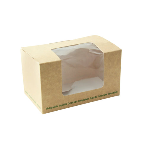 Packnwood Brown compostable wrap box with PLA window 20oz L:4.9in W:3in H:2.8in - iFoodservice Online