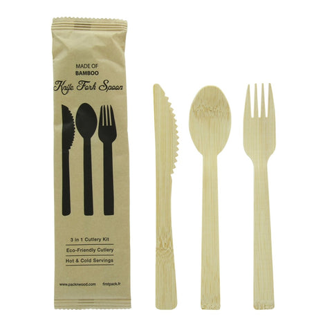 Packnwood Elegant and Sturdy Bamboo Cutlery Kit 3/1 (Knife, Fork, Spoon) L:6.7in W:2.25in - iFoodservice Online