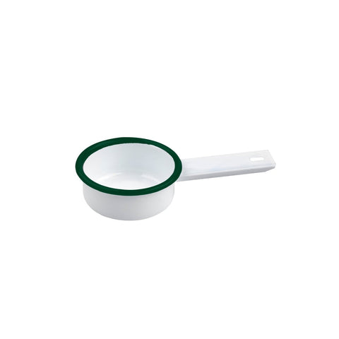 Packnwood Enamel reusable mini saucepan white w/green rim 2oz D:2.75in H:1.14in - iFoodservice Online