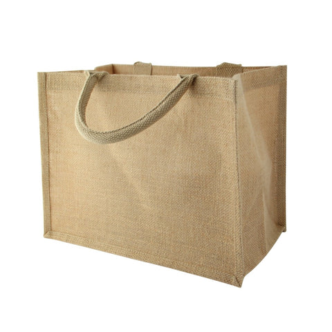 Packnwood Natural Reusable carrier jute bag with handle W:12.6in Gusset:7.9in H:9.8in - iFoodservice Online