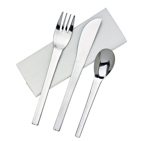 Packnwood Wrapped Stainless Steel Cutlety Kit 4/1 (Knife, Fork, Spoon, Napkin) L:8in W:2.9in - iFoodservice Online