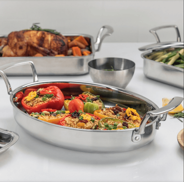 Browne Foodservice Thermally Roast Pan Oval Stainless Steel 2.6 Qt 2.45 L - 12x10.4x2"/30.5x26.5x5cm (5724177) - iFoodservice Online